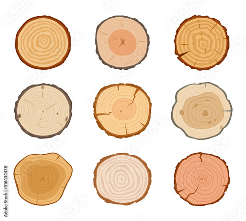 Cartoon tree trunk cuts, lumber wooden industry materials. Round pine, oak or birch slices, cutting tree trunk parts vector symbols illustration set. Wood lumber saw cuts