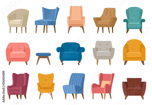 Cartoon comfy armchairs and chairs, modern furniture collection. Cozy retro apartment soft armchairs vector symbols illustration set. Trendy furniture bundle