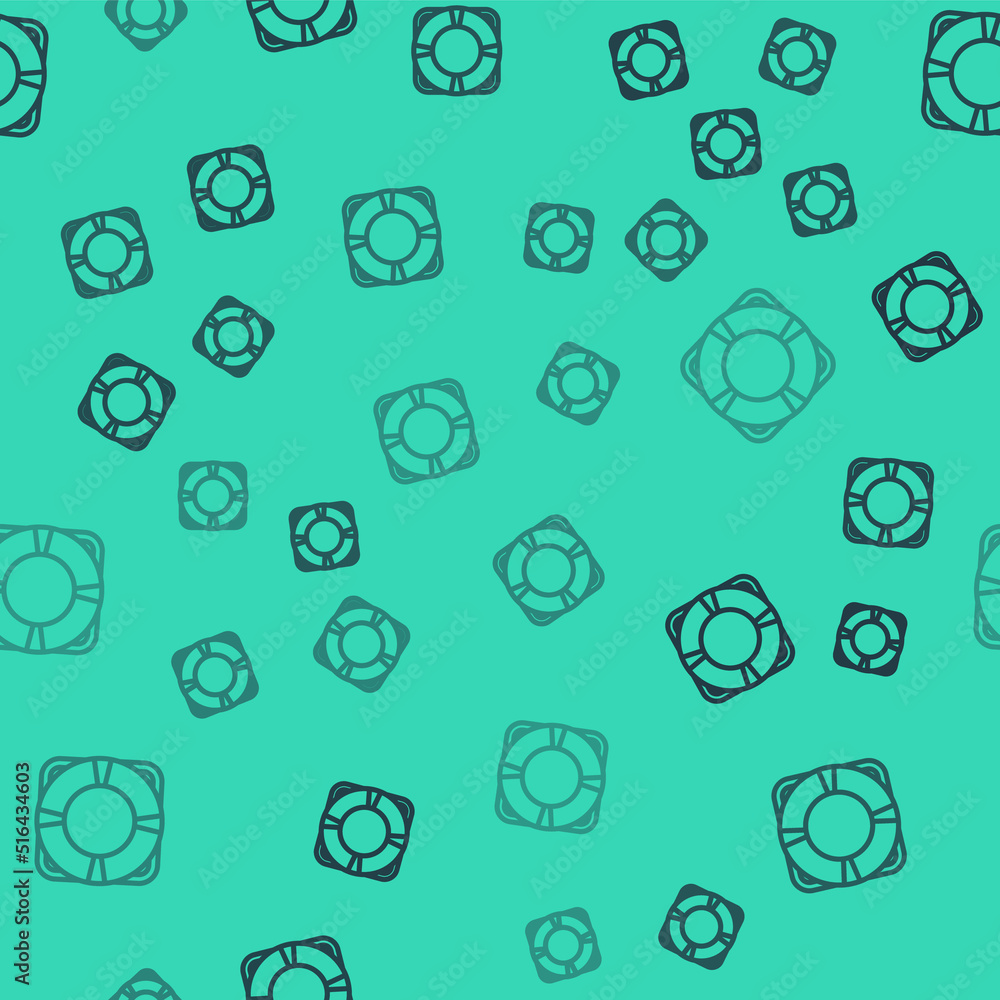 Black line Lifebuoy icon isolated seamless pattern on green background. Lifebelt symbol. Vector Black line Lifebuoy icon isolated seamless pattern on green background. Lifebelt symbol. Vector