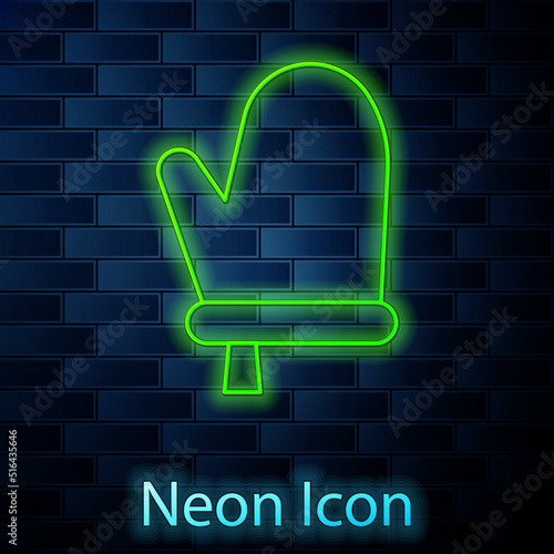 Glowing neon line Oven glove icon isolated on brick wall background. Kitchen potholder sign. Cooking glove. Vector