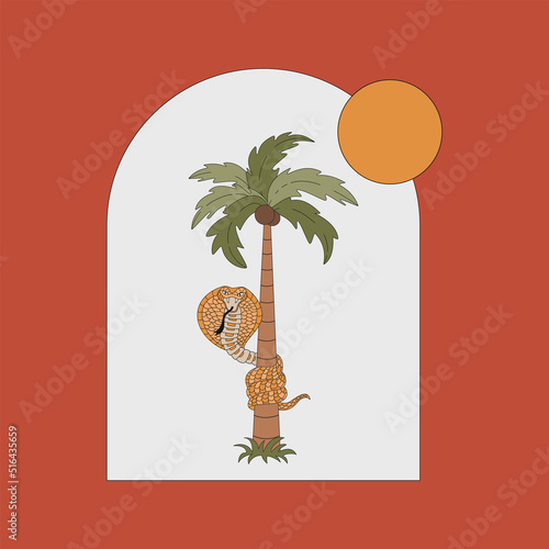 A snake around a palm tree. Flat vector illustration in vintage style.