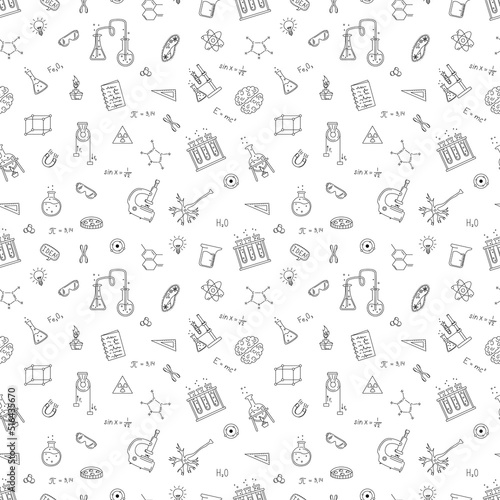 Seamless pattern with hand drawn scientific elements. Flasks, formulas, microscope and more. The concept of science, education.