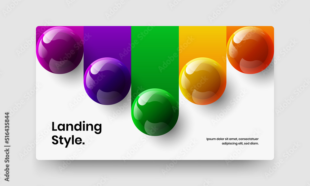 Simple landing page design vector template. Bright 3D balls website concept.