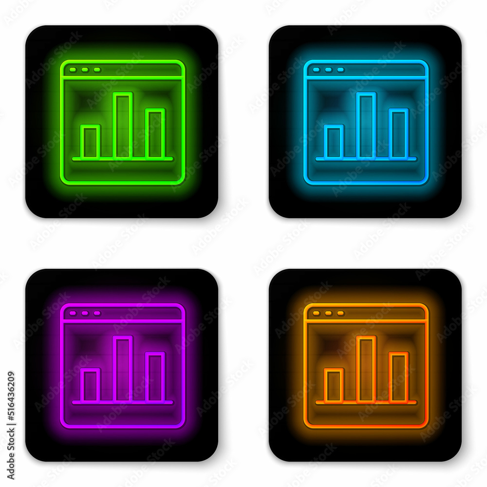 Glowing neon line Graph, chart, diagram, infographic icon isolated on white background. Black square button. Vector Glowing neon line Graph, chart, diagram, infographic icon isolated on white background. Black square button. Vector