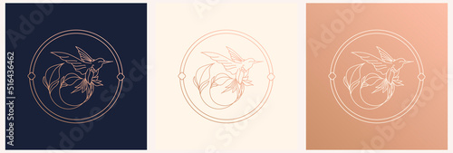 Set of logo design templates in trendy linear style in gold tones. Dawn with flowers - luxury and jewelry concepts for exclusive services and products, beauty and spa industry