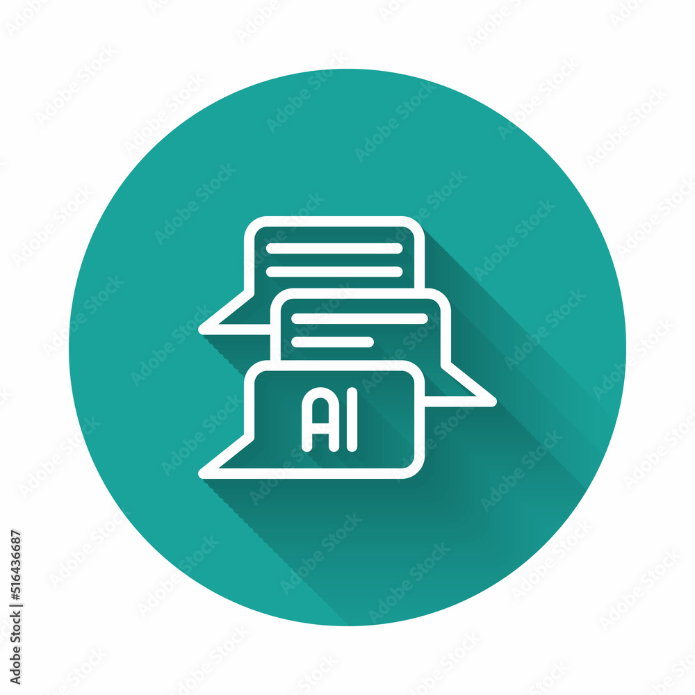 White line Chat bot icon isolated with long shadow background. Chatbot icon. Green circle button. Vector White line Chat bot icon isolated with long shadow background. Chatbot icon. Green circle button. Vector