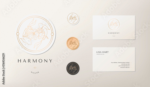 Abstract whale tail logo in gold luxury style and business card design template