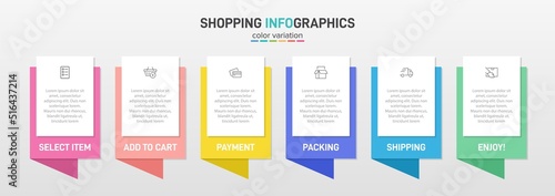 Concept of shopping process with 6 successive steps. Six colorful graphic elements. Timeline design for brochure, presentation, web site. Infographic design layout.