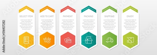 Concept of shopping process with 6 successive steps. Six colorful graphic elements. Timeline design for brochure, presentation, web site. Infographic design layout.