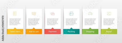 Concept of shopping process with 6 successive steps. Six colorful graphic elements. Timeline design for brochure, presentation, web site. Infographic design layout.