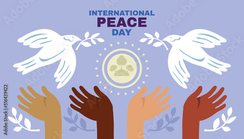 International day of peace- template poster, banner. Concept illustration with dove of peace, olive branch and hand written text. Vector illustration. photo