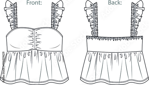 Vector sleeveless top with ruffles fashion CAD, woman tank top with frills and shoulder straps technical drawing, template, sketch, flat. Jersey or woven fabric top with front, back view, white color