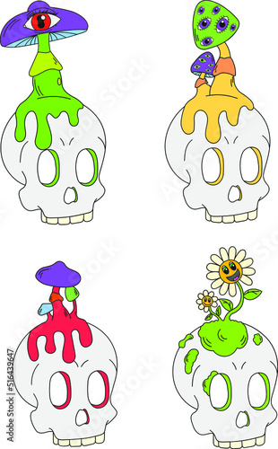 A set of four psychedelic skulls with mushrooms and flowers on top. Vector illustration isolated on a white background