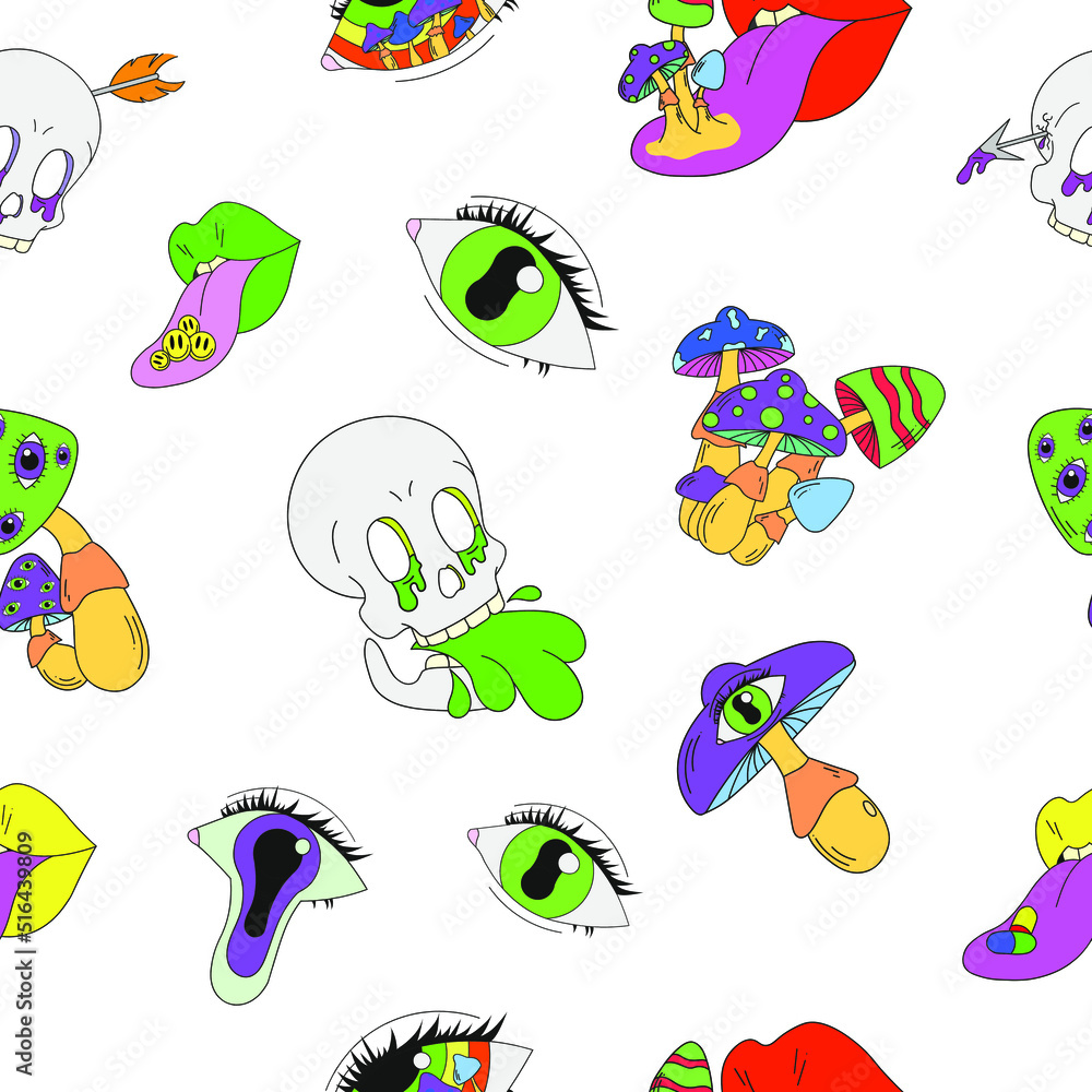 Seamless psychedelic pattern with mushrooms. skulls, lips and eyes. Surrealism