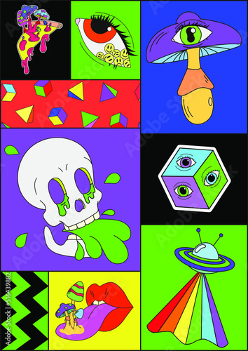 A psychedelic poster with a pizza with mushrooms growing out of it, an eye with an emoji inside, a crazy mushroom with an eye in a hat, a skull spitting acid, a ufo. Crazy concept. Surrealism