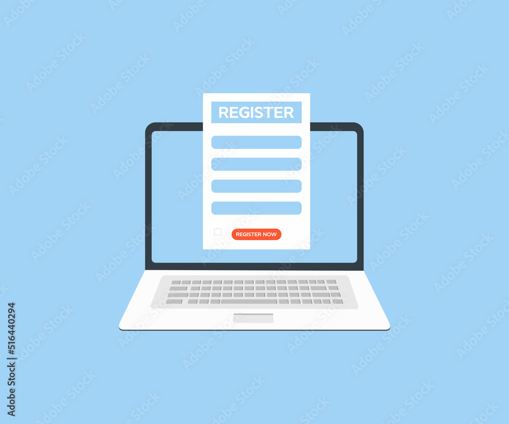 Online Registration Form on laptop screen, Register Button. Registration or sign up user interface. Users use secure login and password. Notebook and online login form vector design. Online Registration Form on laptop screen, Register Button. Registration or sign up user interface. Users use secure login and password. Notebook and online login form vector design.