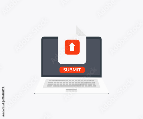 Submit file, application, Register Send Concept logo design. Upload files form with submit button, submit document online via laptop, internet upload application vector design and illustration.