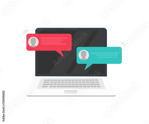 Chat messages on computer online logo design. Workspace or working, chatting bubble notifications, concept of people messaging on internet vector design and illustration.