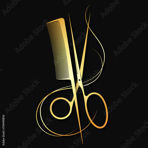 Gold design for hair stylist and beauty salon. Scissors and comb with curl of hair