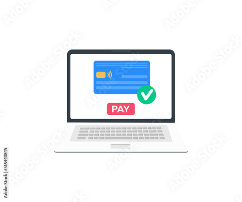 Marketplace online, internet store on laptop compute logo design. Using laptop and credit card at home, paying online vector design and illustration.