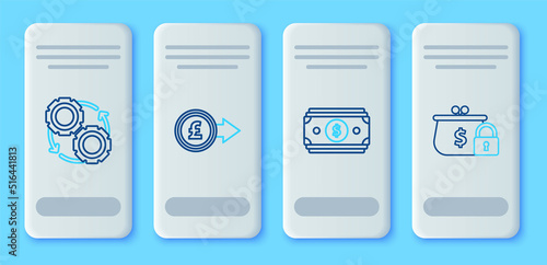 Set line Coin money with pound sterling symbol, Stacks paper cash, Gear and arrows workflow process concept and Closed wallet lock icon. Vector
