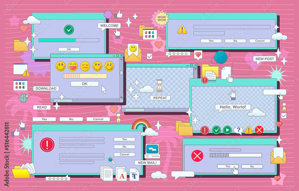 Vaporwave 90s retro browser computer windows. Vaporware UX, UI. Vector.