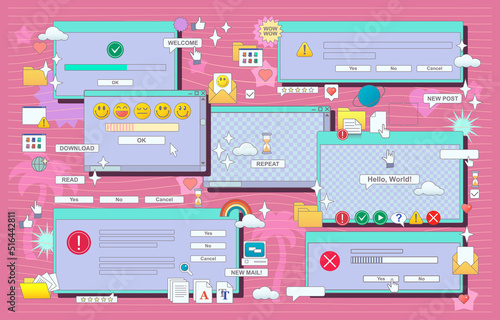 Vaporwave 90s retro browser computer windows. Vaporware UX, UI. Vector.
