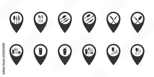 Food destination point set. Fast food and take away symbol for location address bar map pointer restaurant, cafe, bistro and diner. Vector stock illustration isolated on white background. 