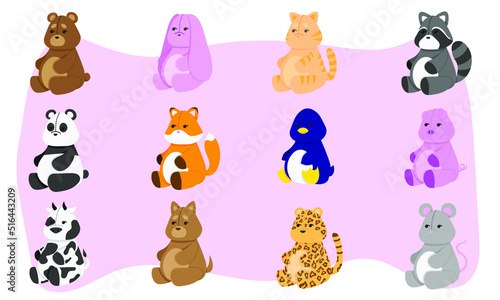 A set of 12 soft cute animal toys. Plush rabbit, bear, cat, raccoon, panda, fox, penguin, pig, cow, dog, leopard and mouse. Flat vector illustration.