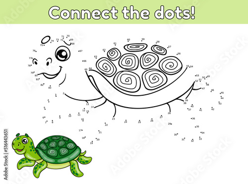 Number game. Educational dot to dot game for kids. Connect the dots. Vector illustration of a cartoon turtle. Sea animal.
