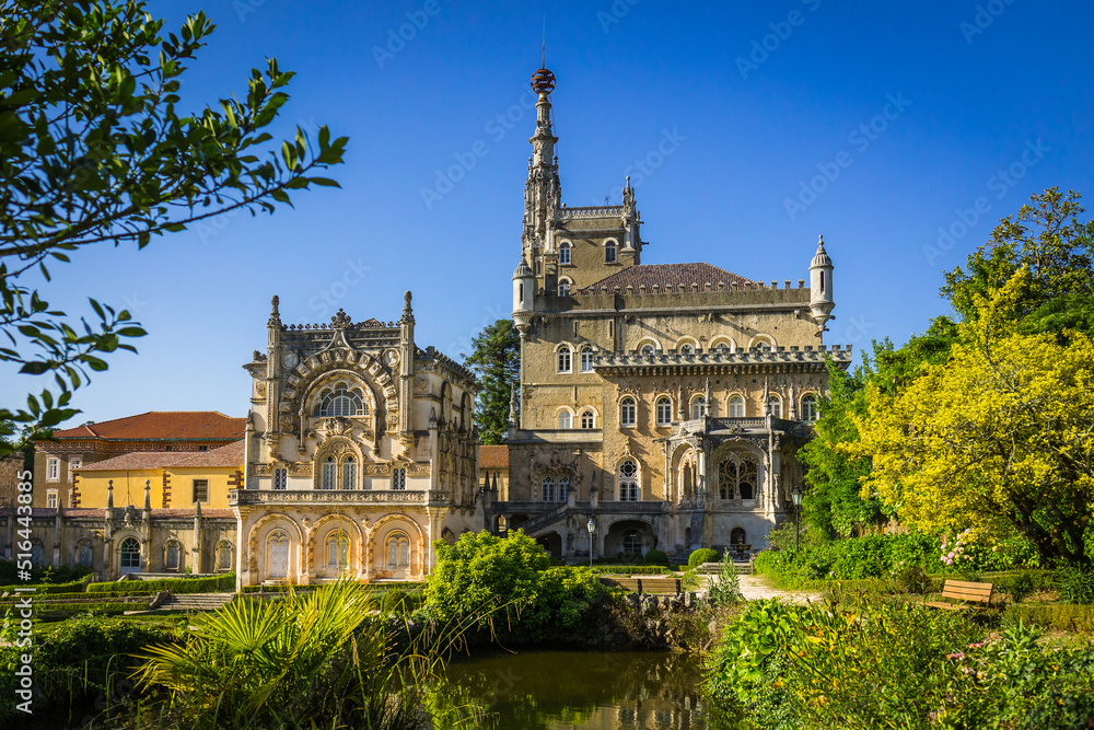 Obraz premium Bussaco palace located in the portuguese thermal region of Luso, worldwide known by it´s mineral waters. Palace in the woods in the protected forest of Bussaco