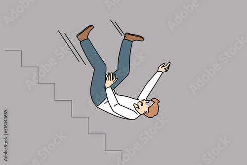 Unhappy man fall down stairs of career ladder suffer work crisis in life. Distressed businessman failure or business problem. Financial bankruptcy and loss. Flat vector illustration. 