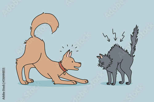 Angry cat and dog fight at home. Playful puppy and mad kitten battle feeling aggressive. Domestic animals daily life. Pets playing together. Flat vector illustration, cartoon character. 