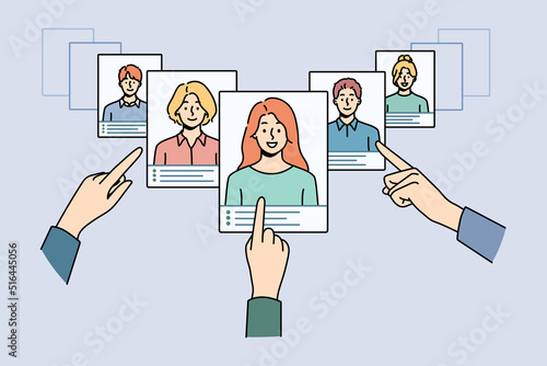 Hands choose digital CV of work candidates or applicants in app. Employer or recruiter make decision on resume of people seek for job. Employment and recruitment. Vector illustration. 