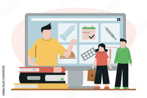 Sex education for student and children. Male teacher on computer screen showing kids various methods of contraception. Safe relation. Sexual health