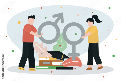 Sex education for student and children. Kids holding gender signs.  Reproduction and sexuality for learning. Safe relation and intercourse, sexual health