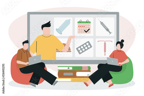 Sex education for people. Male teacher on laptop screen showing students various methods of contraception. Safe relation and pregnancy protection