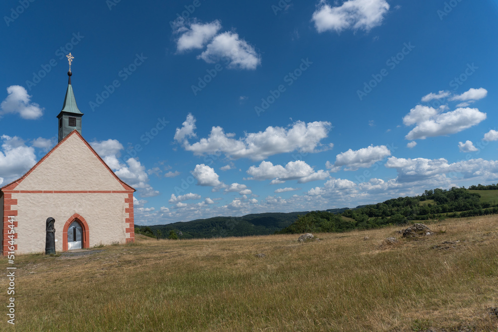 Landscape from the mountain Ehrenbuerg with the chapel called Walberla