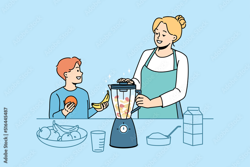 Smiling mother and small son make healthy fruit smoothie in blender at home kitchen. Happy mom and child prepare nutrition drink or juice. Vitamin eating and vegetarian. Vector illustration. 