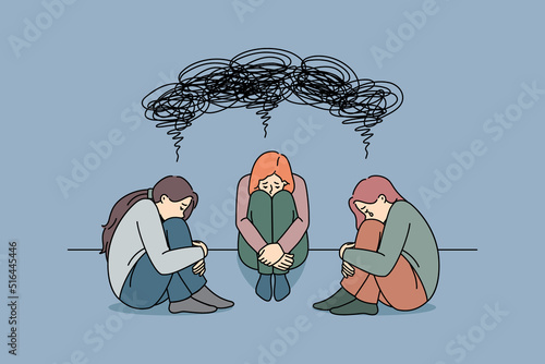 Unhappy women feel stressed sad suffer from mental or psychological problems. Upset desperate girls struggle with depression need psychotherapy or counseling. Vector illustration. 
