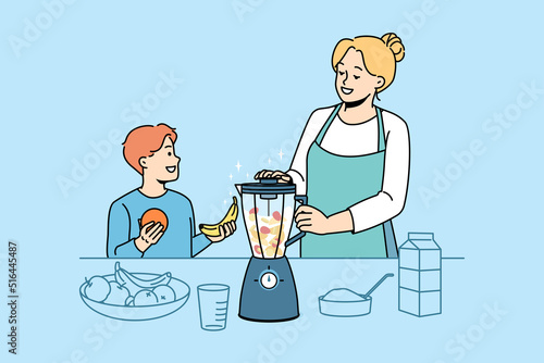 Smiling mother and small son make healthy fruit smoothie in blender at home kitchen. Happy mom and child prepare nutrition drink or juice. Vitamin eating and vegetarian. Vector illustration. 