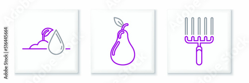 Set line Garden rake in work, Watering sprout and Pear icon. Vector