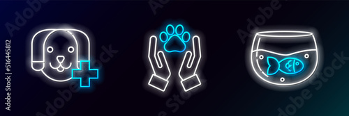 Set line Aquarium with fish, Veterinary clinic symbol and Hands animals footprint icon. Glowing neon. Vector