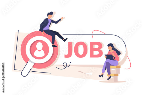 Employees looking for job, Employees using magnifying glass searching a job on the search bar, looking for employment and job vacancy concept