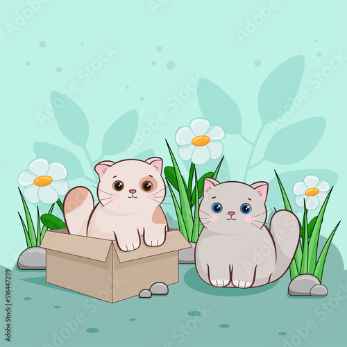 Cute kittens in a clearing with flowers, cardboard box. Taking care of animals. Children's vector illustration. World Cat Day