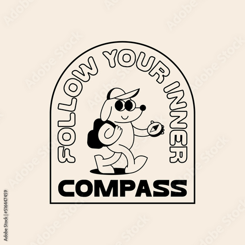 Funny Retro Illustration of a Walking Smiling Dog with a Compass . Vector Character in Vintage Style. Outdoor Summer Camp Logo