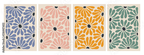 Daisy Flower Posters Collection. Colorful Groovy Patterns. Hippie Retro Illustrations