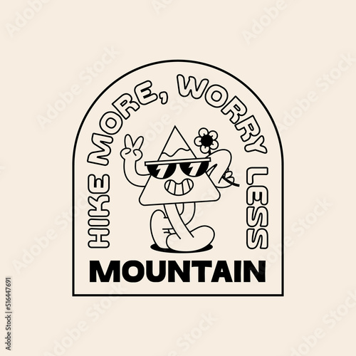 Funny Retro Illustration with Quote About Mountains . Vector Character in Vintage Style. Outdoor Summer Camp Logo