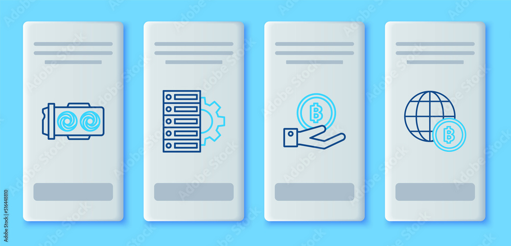 Set line Server and gear, Hand holding Bitcoin, Mining farm and Globe cryptocurrency icon. Vector Set line Server and gear, Hand holding Bitcoin, Mining farm and Globe cryptocurrency icon. Vector