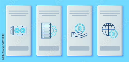 Set line Server and gear, Hand holding Bitcoin, Mining farm and Globe cryptocurrency icon. Vector